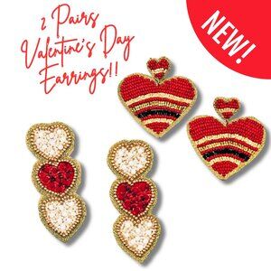 2 TWO NEW PAIRS Seed Beaded Valentine's Day Heart Gift Jewelry Red Earrings